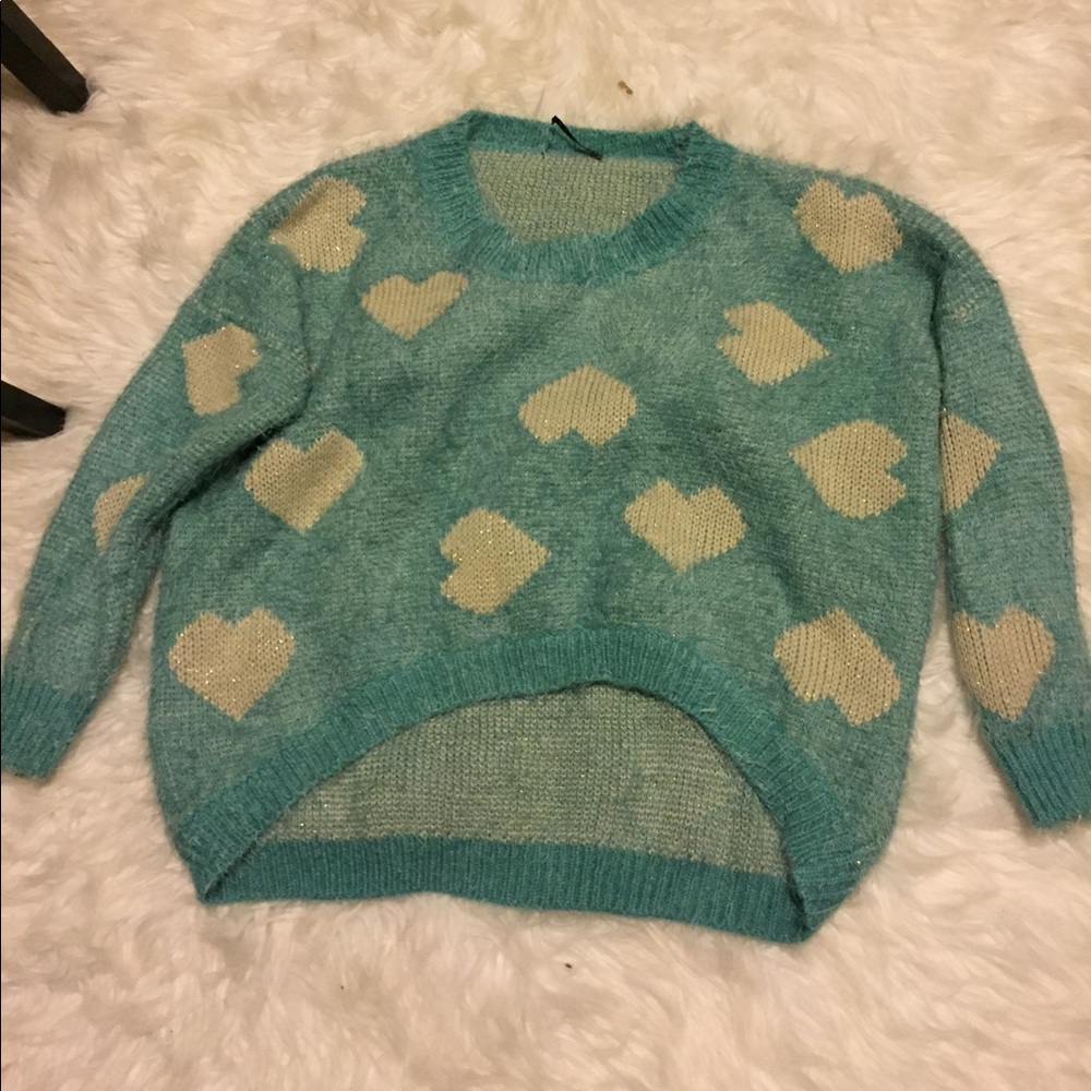 Fuzzy Mint Green Heart Sweater